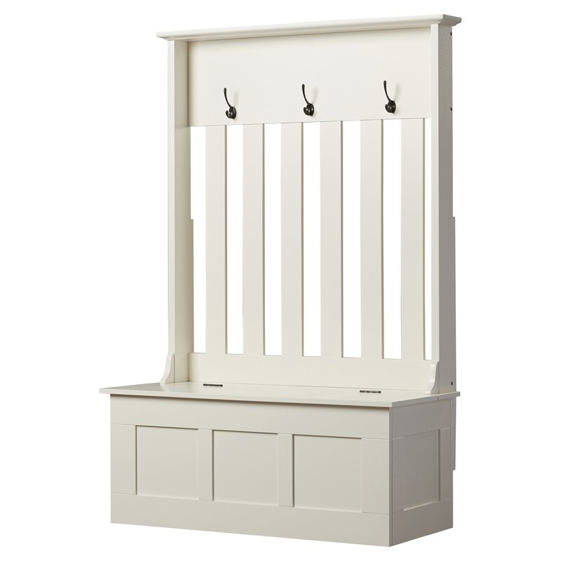 White 42'' Wide Hall Tree with Bench Three Double-Prong Metal Hooks