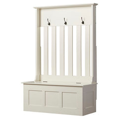 White 42'' Wide Hall Tree with Bench Three Double-Prong Metal Hooks