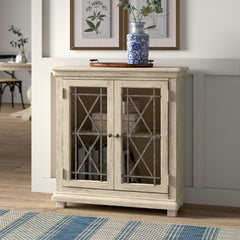 34'' Tall 2 - Door Accent Cabinet Two Doors with Their Glass Panes and Metal Caming in Geometric Patterns