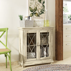 34'' Tall 2 - Door Accent Cabinet Two Doors with Their Glass Panes and Metal Caming in Geometric Patterns