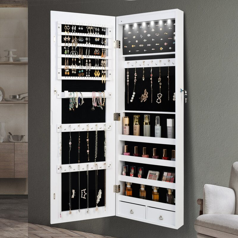 14.6'' Wide Jewelry Armoire with Mirror 6 LED Lights Lockable Full Mirror Full Screen Jewelry Organizer