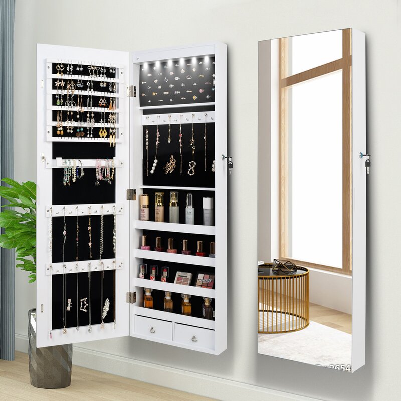 14.6'' Wide Jewelry Armoire with Mirror 6 LED Lights Lockable Full Mirror Full Screen Jewelry Organizer