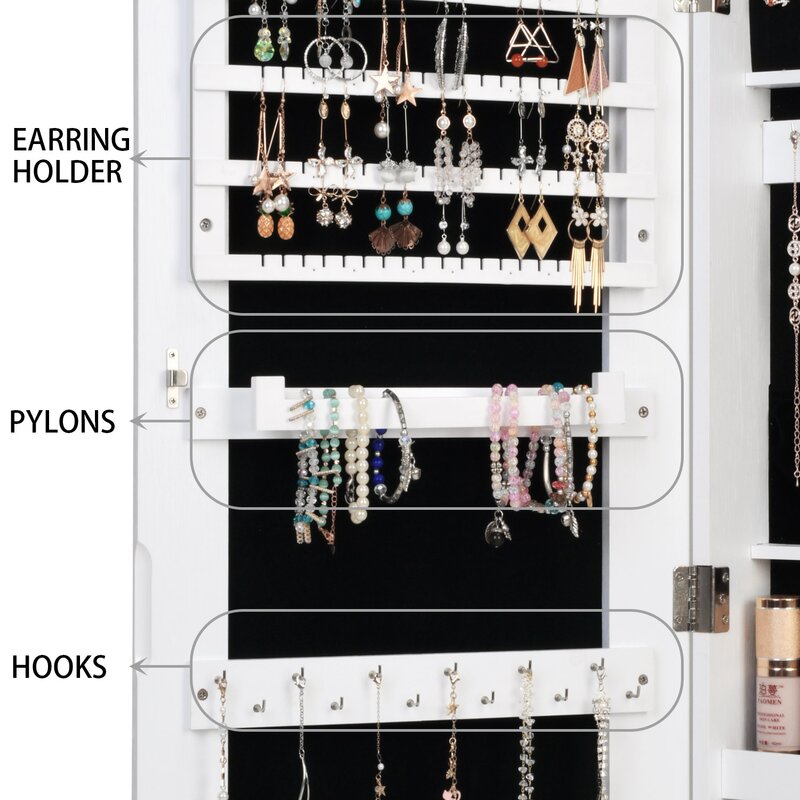 14.6'' Wide Jewelry Armoire with Mirror 6 LED Lights Lockable Full Mirror Full Screen Jewelry Organizer