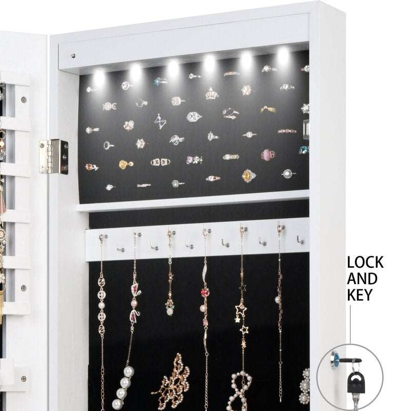 14.6'' Wide Jewelry Armoire with Mirror 6 LED Lights Lockable Full Mirror Full Screen Jewelry Organizer