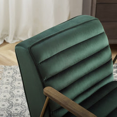 Velvet Ribbed Accent Oak Armrest Chair with Metal Frame - Dark Green