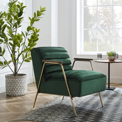 Velvet Ribbed Accent Oak Armrest Chair with Metal Frame - Dark Green