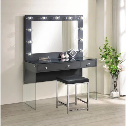Dark Gray Ashlyn 20.25'' Tall Steel Vanity Stool Features a Padded Seat Cushion