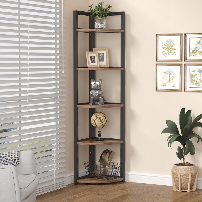 Rustic Brown 59.06'' H x 11.81'' W Steel Corner Bookcase 5 tier shelf Provides Ample Shelf Space