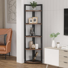 Rustic Brown 59.06'' H x 11.81'' W Steel Corner Bookcase 5 tier shelf Provides Ample Shelf Space