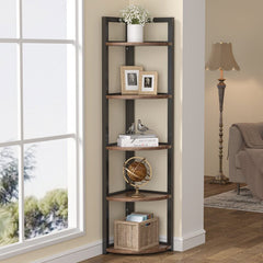Rustic Brown 59.06'' H x 11.81'' W Steel Corner Bookcase 5 tier shelf Provides Ample Shelf Space
