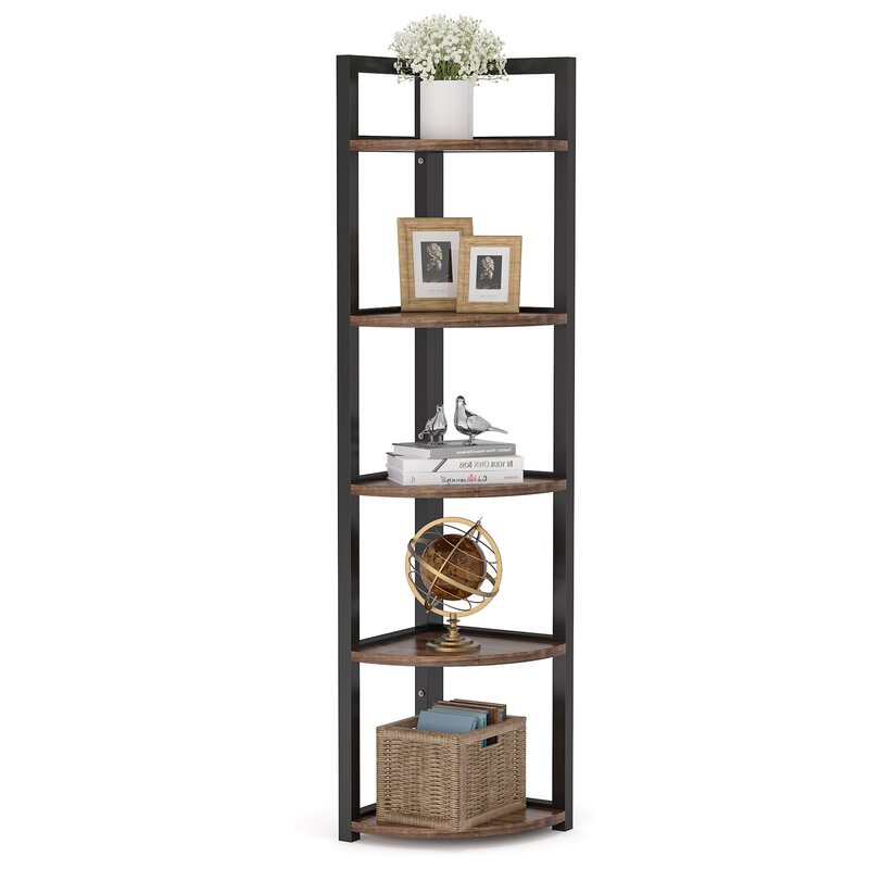 Rustic Brown 59.06'' H x 11.81'' W Steel Corner Bookcase 5 tier shelf Provides Ample Shelf Space