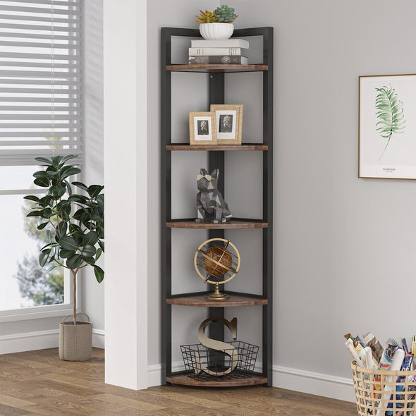 Rustic Brown 59.06'' H x 11.81'' W Steel Corner Bookcase 5 tier shelf Provides Ample Shelf Space