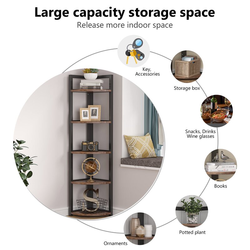 Rustic Brown 59.06'' H x 11.81'' W Steel Corner Bookcase 5 tier shelf Provides Ample Shelf Space