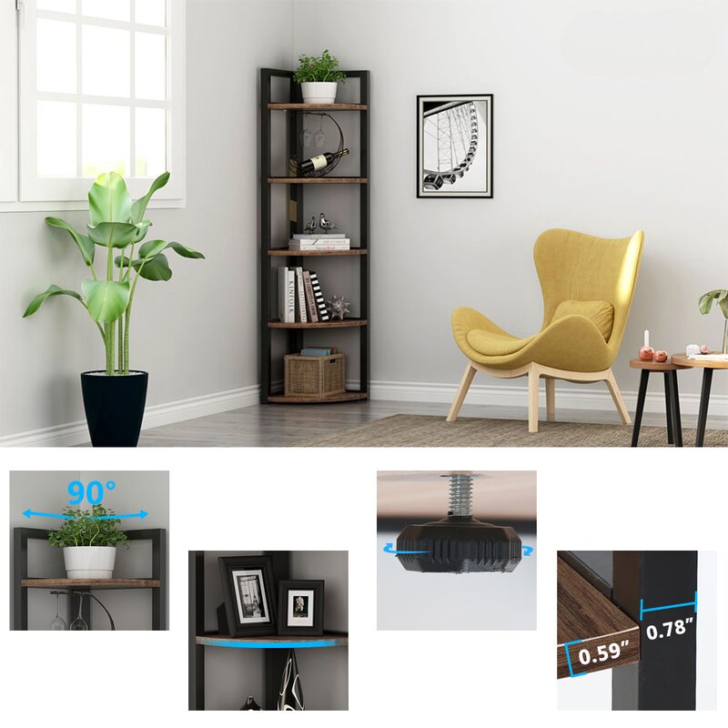 Rustic Brown 59.06'' H x 11.81'' W Steel Corner Bookcase 5 tier shelf Provides Ample Shelf Space