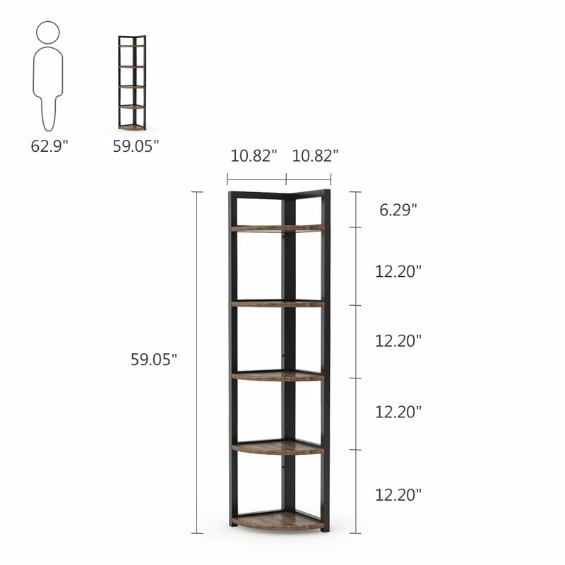 Rustic Brown 59.06'' H x 11.81'' W Steel Corner Bookcase 5 tier shelf Provides Ample Shelf Space
