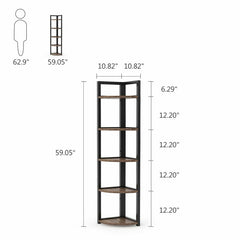 Rustic Brown 59.06'' H x 11.81'' W Steel Corner Bookcase 5 tier shelf Provides Ample Shelf Space