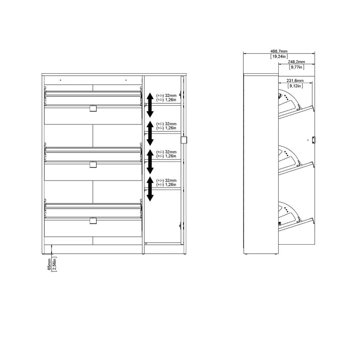 Aula Three Compartments 18 Pair Shoe Storage Cabinet Wall Mounted Adjustable Shelves