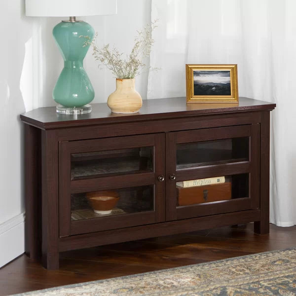 Espresso TV Stand for TVs up to 48" Corner Design this TV Stand is Easy to Incorporate Into Smaller Spaces
