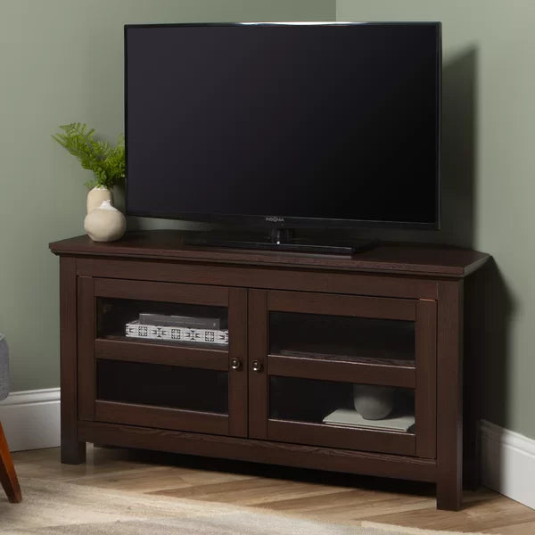 Espresso TV Stand for TVs up to 48" Corner Design this TV Stand is Easy to Incorporate Into Smaller Spaces