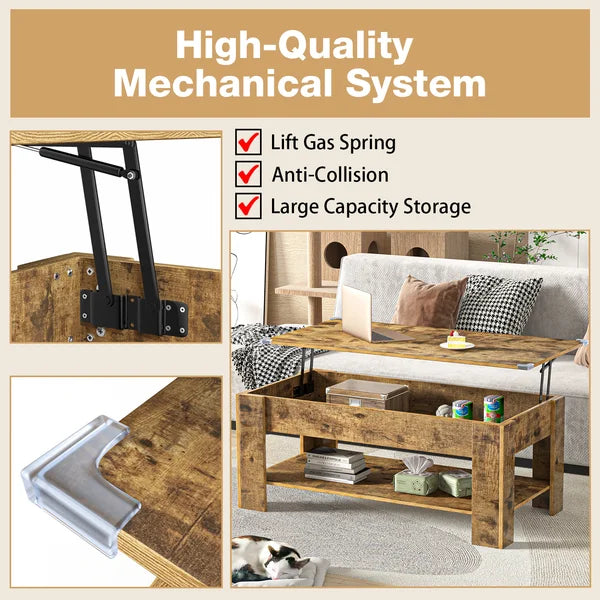 Rustic Brown Auxvasse Lift Top 4 Legs Coffee Table with Storage