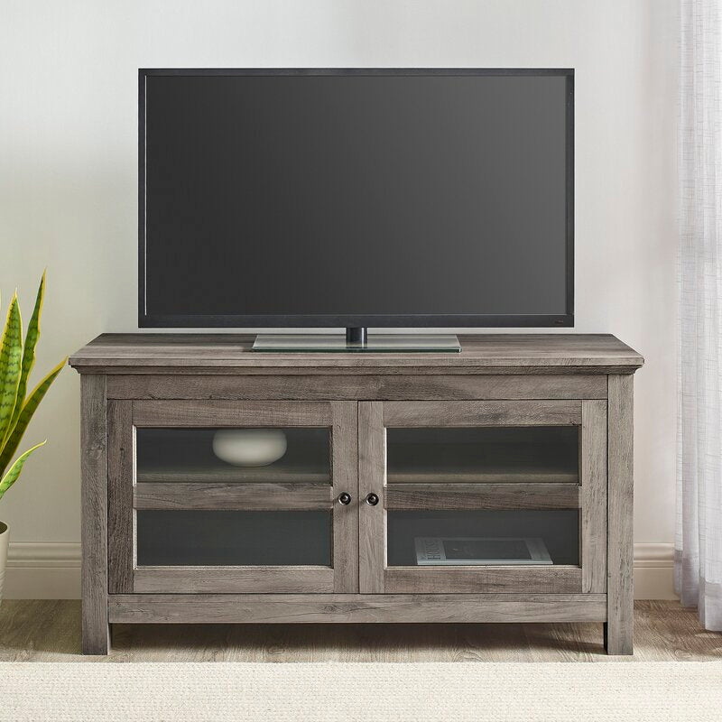 Gray Wash TV Stand for TVs up to 48" Ample Storage Space for your Components Behind Double Doors with Tempered Safety Glass Panes