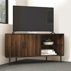 1 Dark Walnut Banaz Corner TV Stand for TVs up to 55" with Tempered Safety Shelf Glass