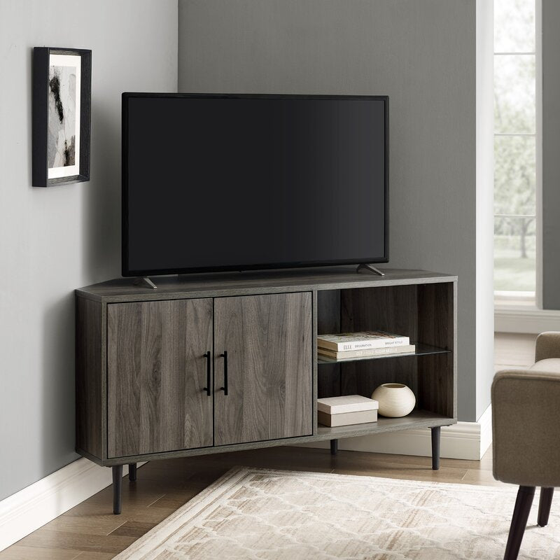 1 Slate Gray Banaz Corner TV Stand for TVs up to 55" with Safety Tempered Shelf Glass