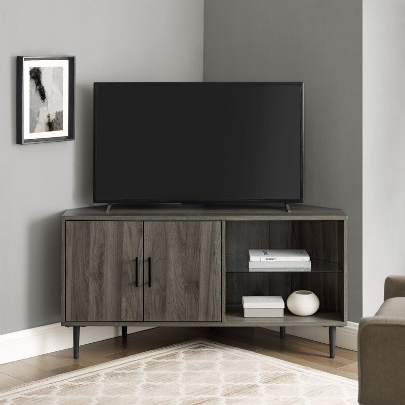 1 Slate Gray Banaz Corner TV Stand for TVs up to 55" with Safety Tempered Shelf Glass