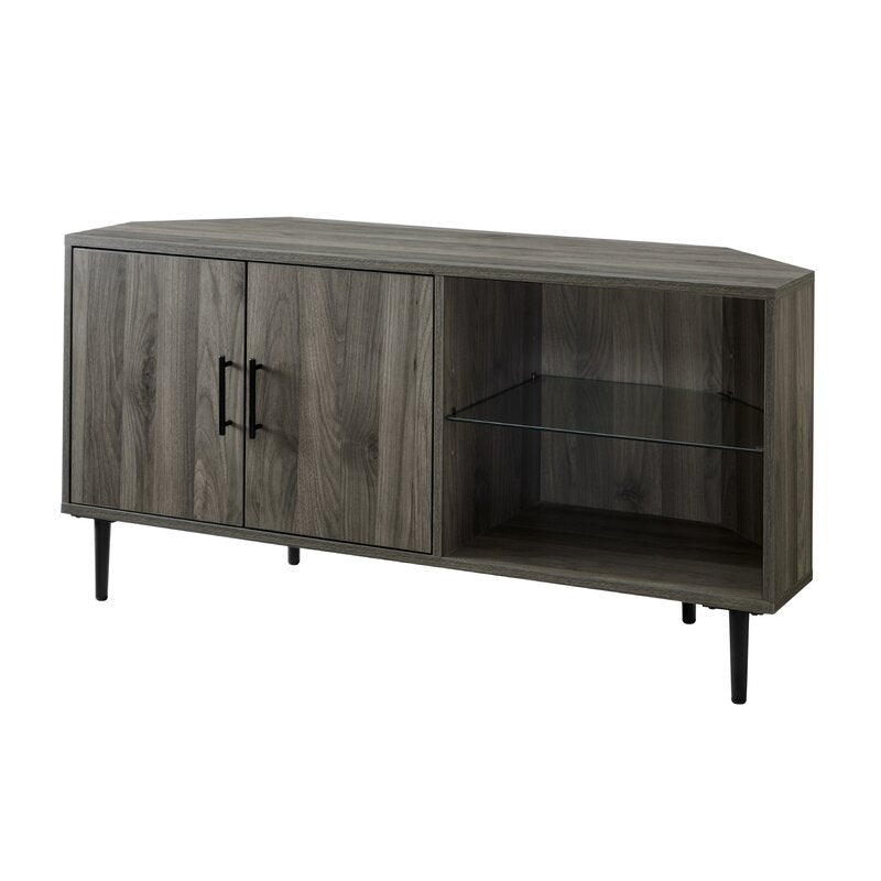 1 Slate Gray Banaz Corner TV Stand for TVs up to 55" with Safety Tempered Shelf Glass