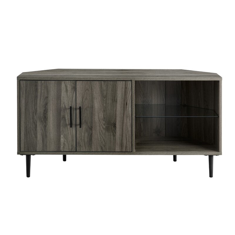 1 Slate Gray Banaz Corner TV Stand for TVs up to 55" with Safety Tempered Shelf Glass