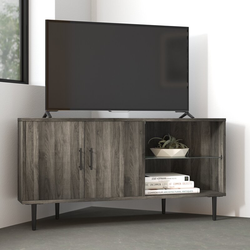 1 Slate Gray Banaz Corner TV Stand for TVs up to 55" with Safety Tempered Shelf Glass