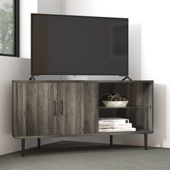 1 Slate Gray Banaz Corner TV Stand for TVs up to 55" with Safety Tempered Shelf Glass