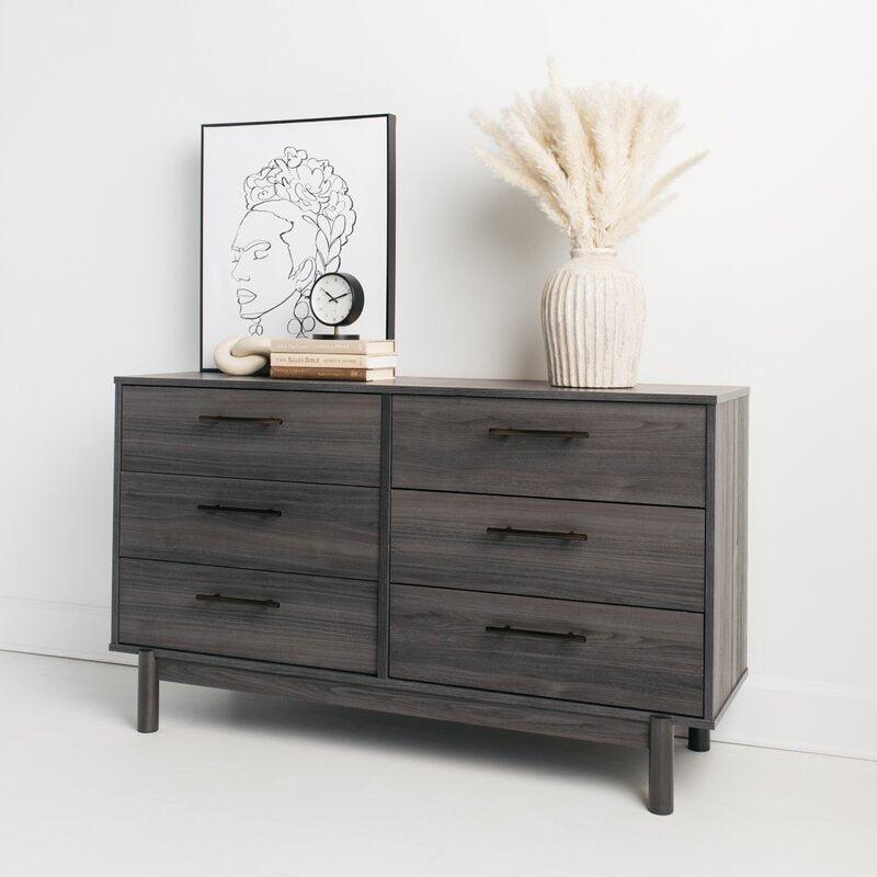 Walnut Gray 6 Drawer 54.5'' W Double Dresser Keeps your Home Decor Grounded While Elevating your Modern Style
