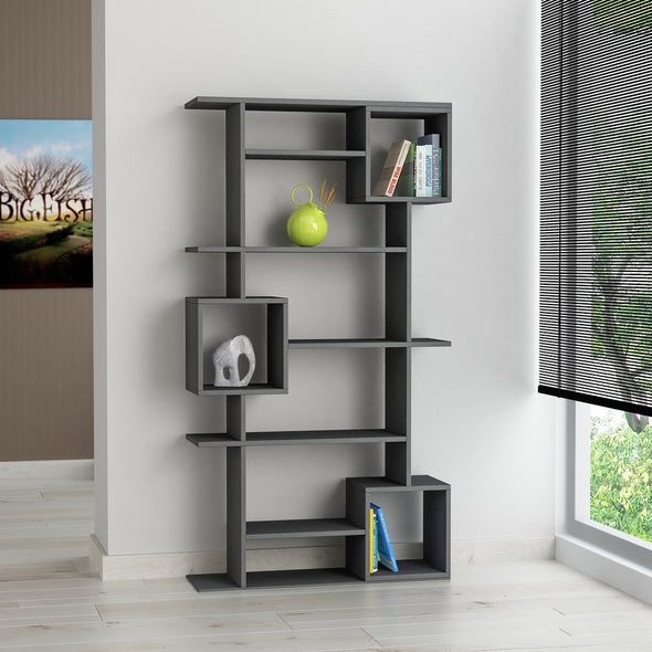 10-shelf Modern Bookcase - Charcoal Grey Open Shelves, Square Space, and Extra Space