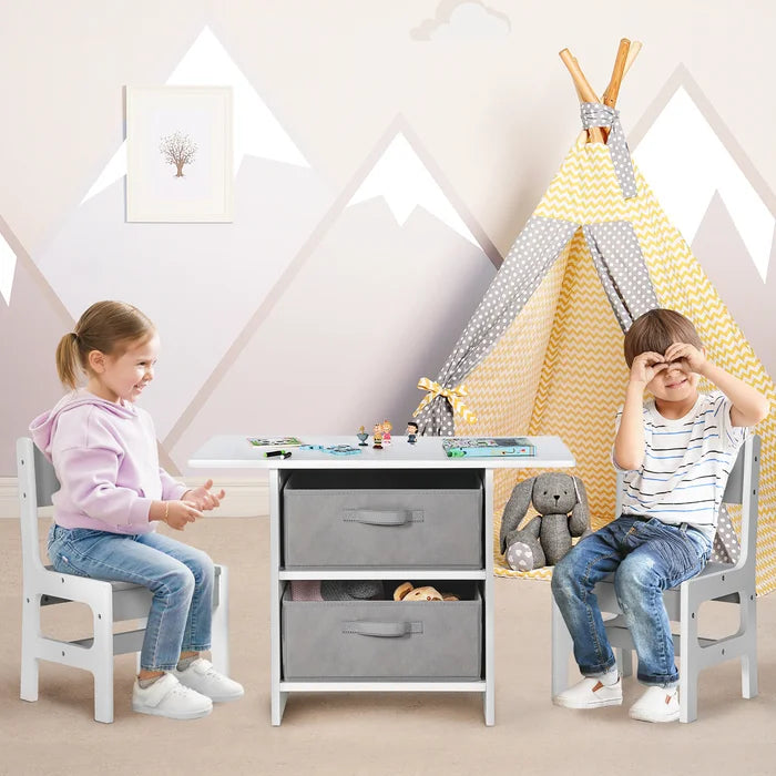Batul Kids 3 Piece Rectangular Play Activity Table and Chair Set 2 Storage Compartments