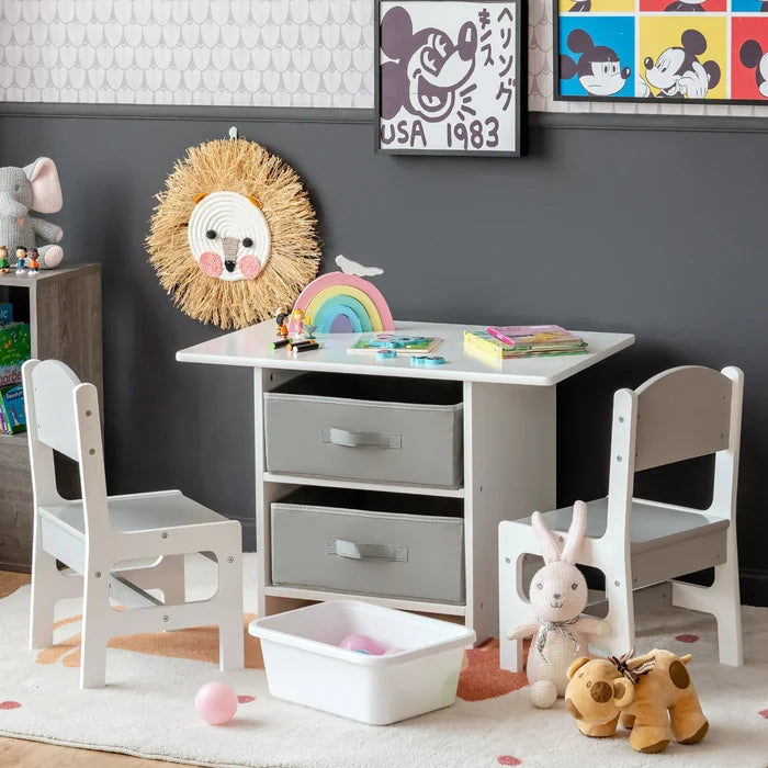 Batul Kids 3 Piece Rectangular Play Activity Table and Chair Set 2 Storage Compartments