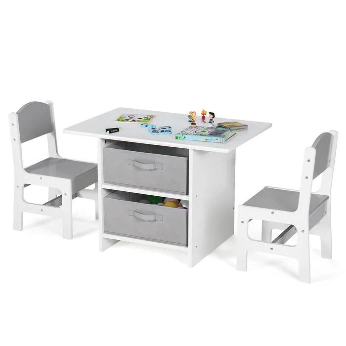 Batul Kids 3 Piece Rectangular Play Activity Table and Chair Set 2 Storage Compartments