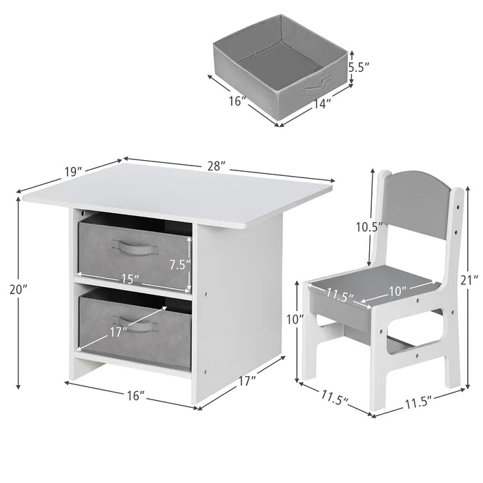 Batul Kids 3 Piece Rectangular Play Activity Table and Chair Set 2 Storage Compartments