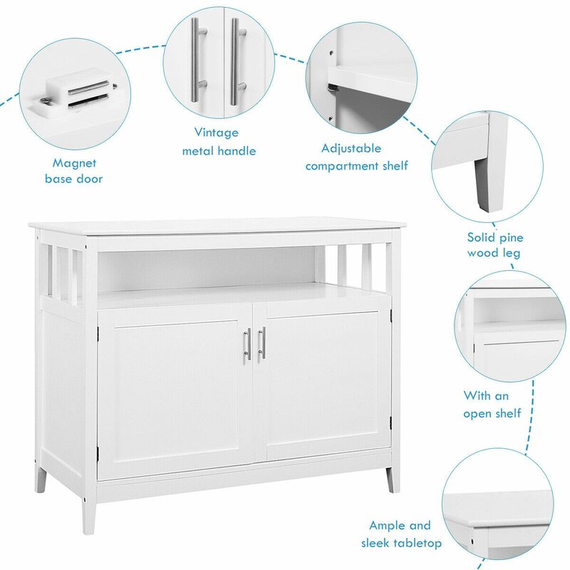 White 45'' Wide Buffet Table Perfect To Fit Your Kitchen Or Dining Room Two Doors Storage Cabinet For All Your Kitchen Gadgets and Tools