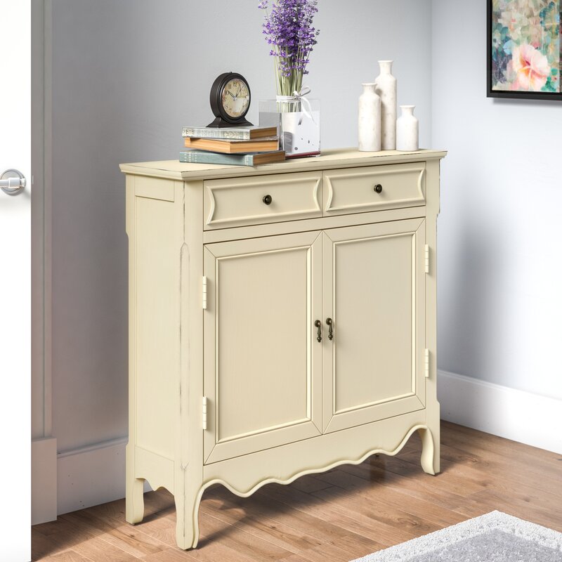 35.25'' Tall 2 Door Accent Cabinet Two Drawers and An Interior Shelf Behind Two Doors