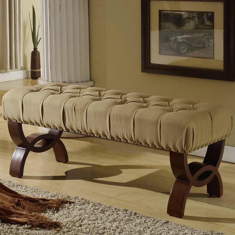 Upholstered Bench Antique Gold Nailhead Trim Upholstered in Button Tufted Tan Fabric Decorative and Functional item to Use Throughout Out the Home