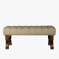 Upholstered Bench Antique Gold Nailhead Trim Upholstered in Button Tufted Tan Fabric Decorative and Functional item to Use Throughout Out the Home