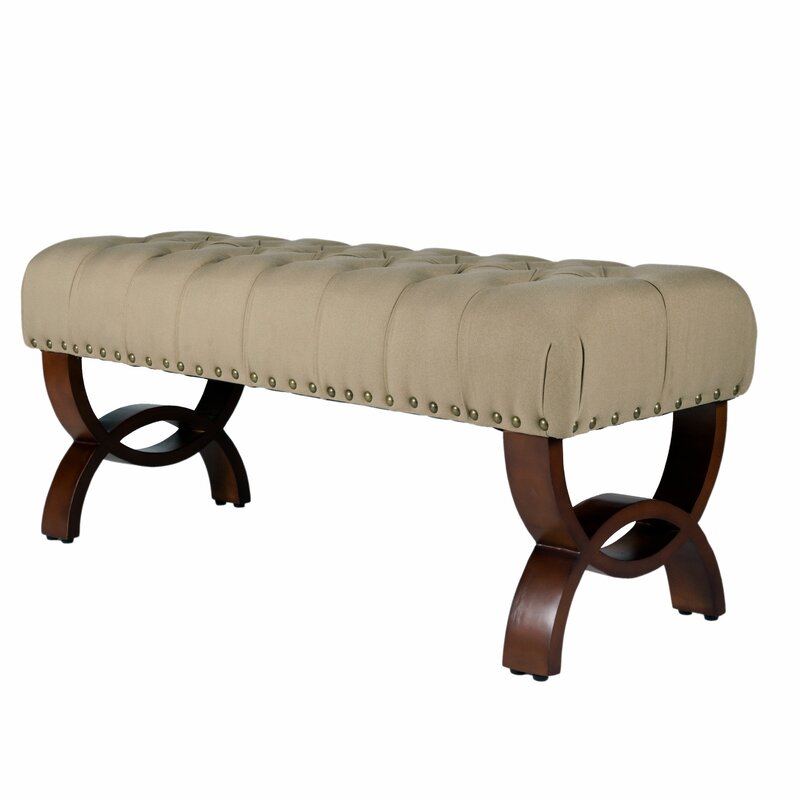 Upholstered Bench Antique Gold Nailhead Trim Upholstered in Button Tufted Tan Fabric Decorative and Functional item to Use Throughout Out the Home