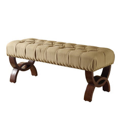 Upholstered Bench Antique Gold Nailhead Trim Upholstered in Button Tufted Tan Fabric Decorative and Functional item to Use Throughout Out the Home