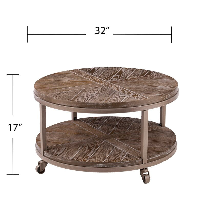 Burnt oak Wheel Coffee Table with Storage Spacious Tabletop and Shelf Store and Display Trinkets, Board Games