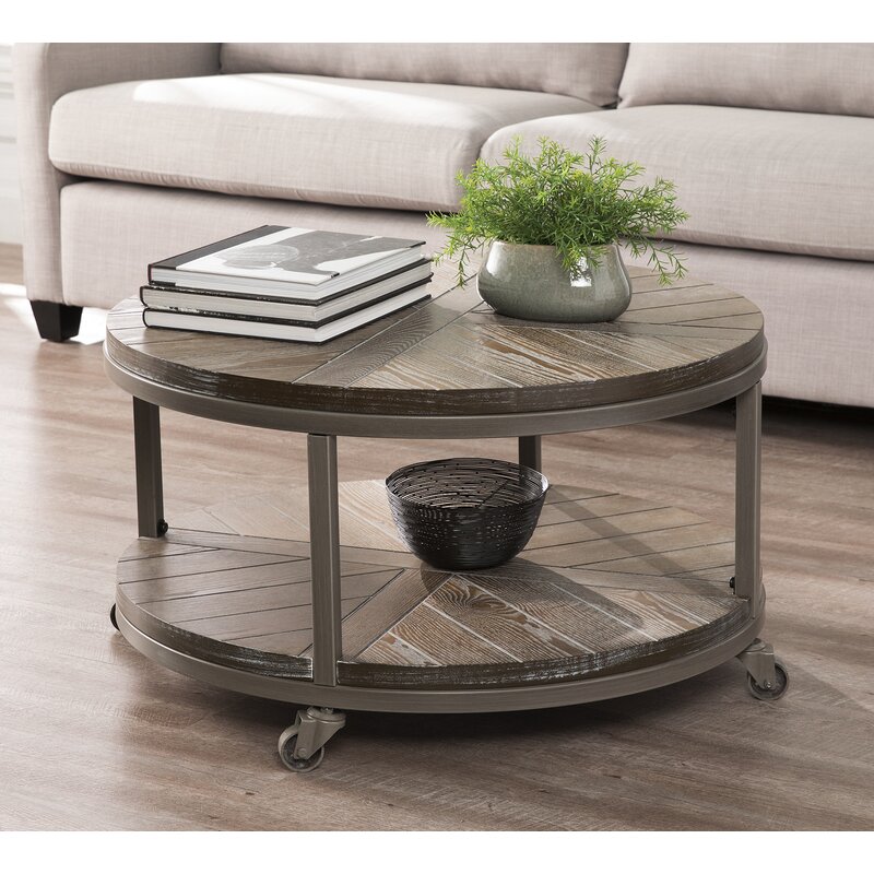 Burnt oak Wheel Coffee Table with Storage Spacious Tabletop and Shelf Store and Display Trinkets, Board Games