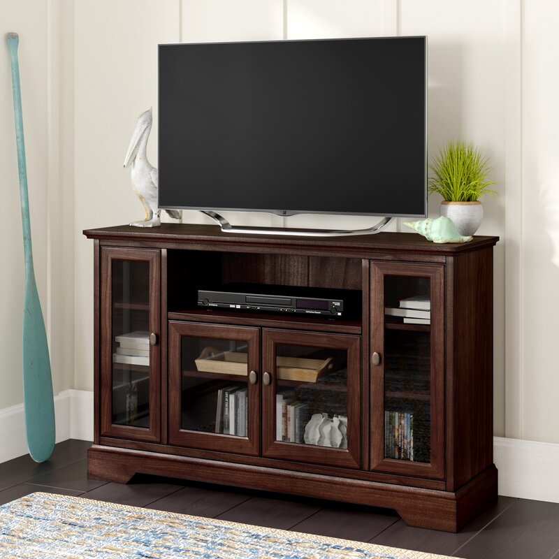 Espresso TV Stand for TVs up to 58" Four Glass Cabinets Open Up to Five Interior Shelves