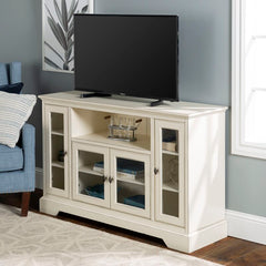 Antique White TV Stand for TVs up to 58" Four Glass Cabinets Open up to Five Interior Shelves, Perfect for Displaying your Favorite DVD Collection