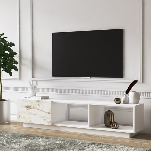 White/White Marble TV Stand for TVs up to 85" Brings Plenty of Essential Storage and A Sleek Design to your Living Room or Bedroom