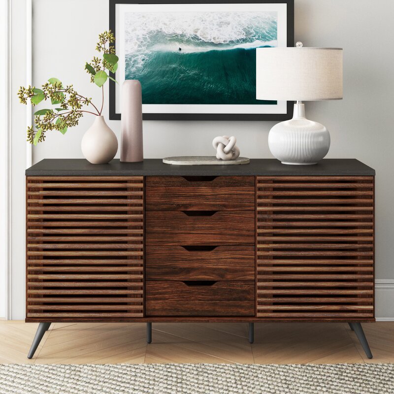 59'' Wide 4 Drawer Sideboard Slatted Sliding Doors and Drawers For A Modern Look in Your Dining Room, Living Room, Or Home Office